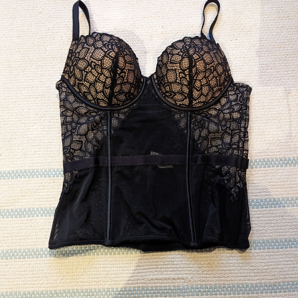 Maidenform Black Lace Longline Bustier with Nude Lining